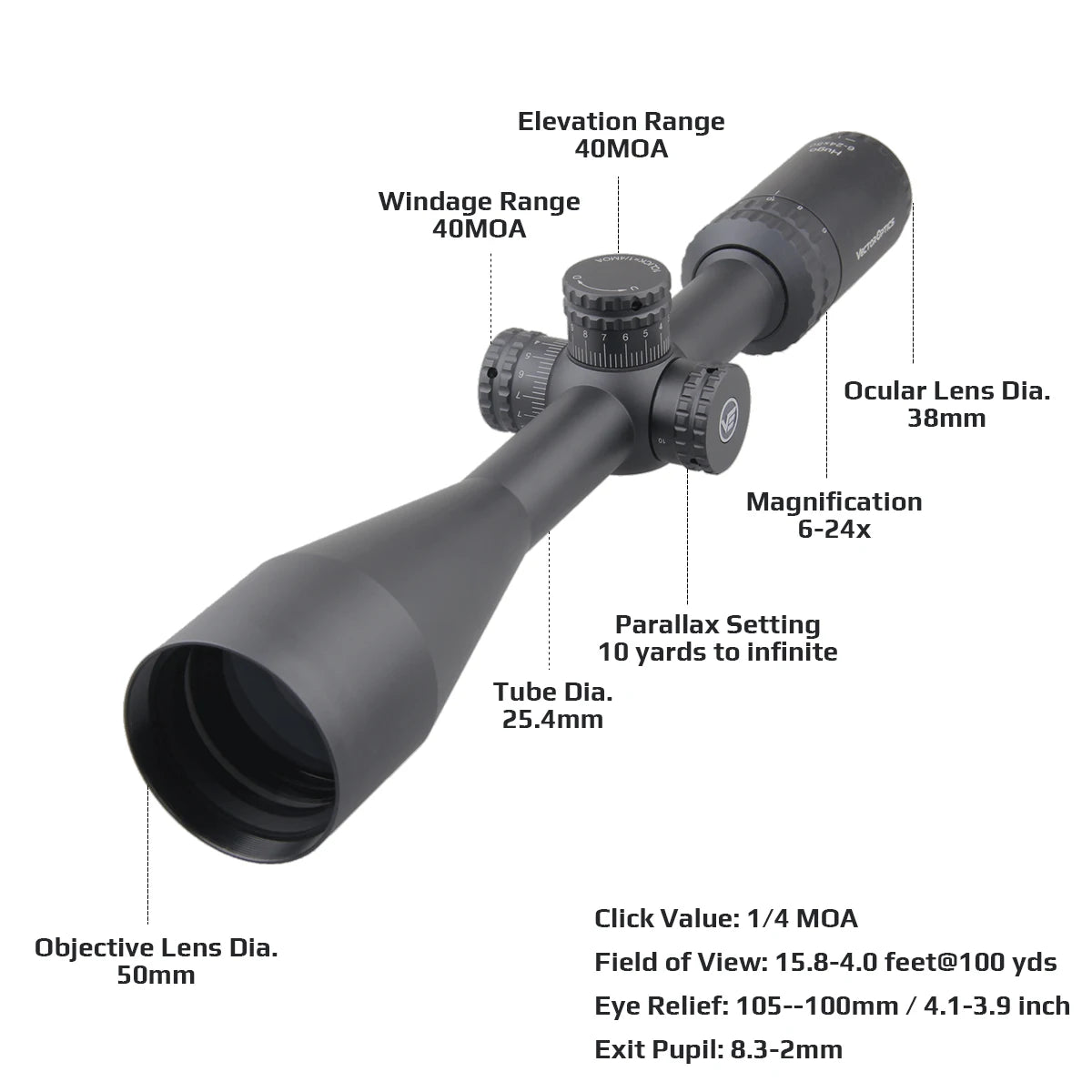 Vector Optics 6-24X50 Sfp Riflescope with Parallax Setting Tactical Sights Hunting Collimator .22Wmr & .308Win 750G Shock Proof