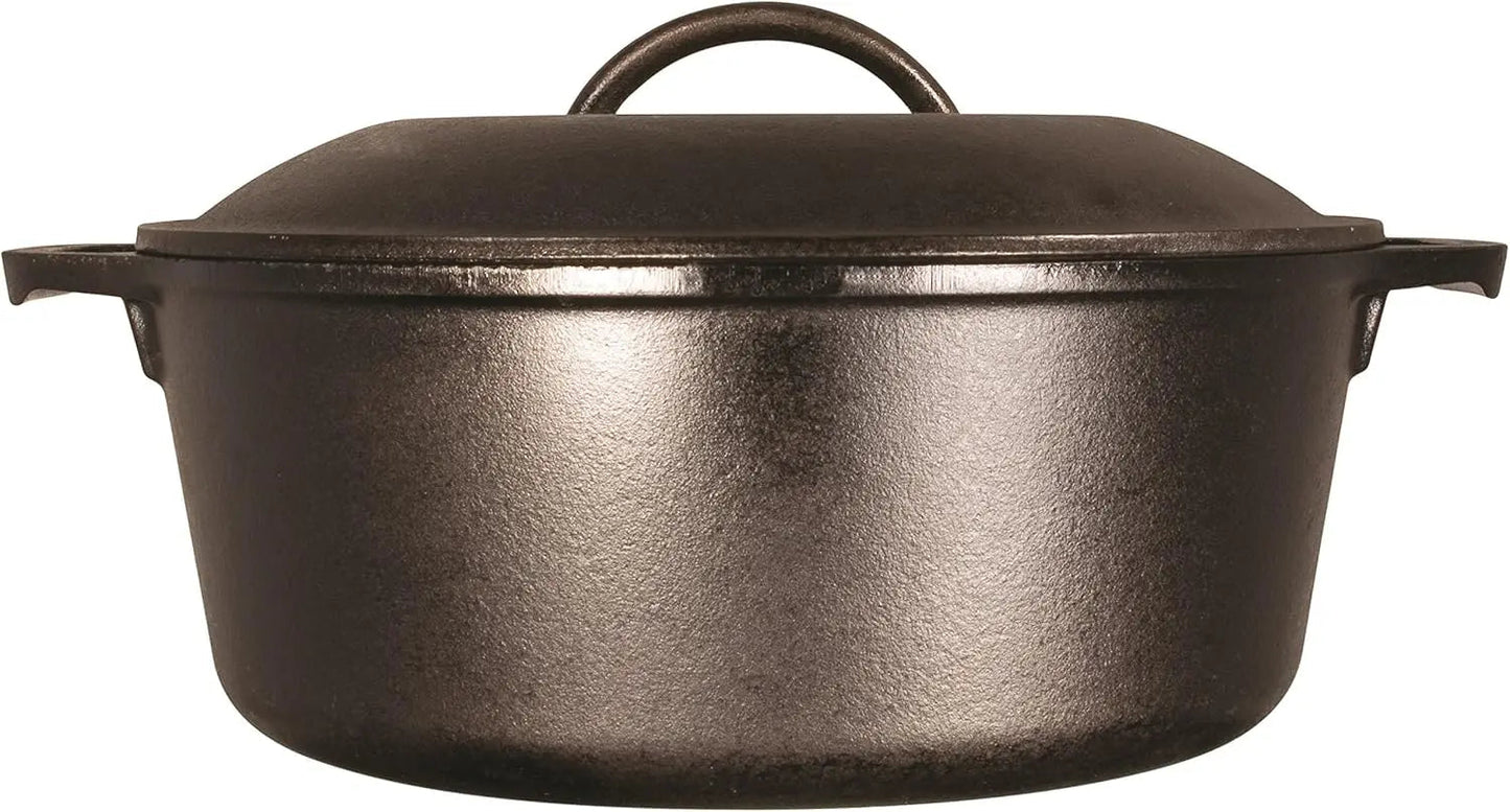 Lodge 5 Quart Pre-Seasoned Cast Iron Double Dutch Oven with Lid - Dual Handles - Lid Doubles as 10.25 Inch Cast Iron Grill Pan - Wild Frontier Gear LLC
