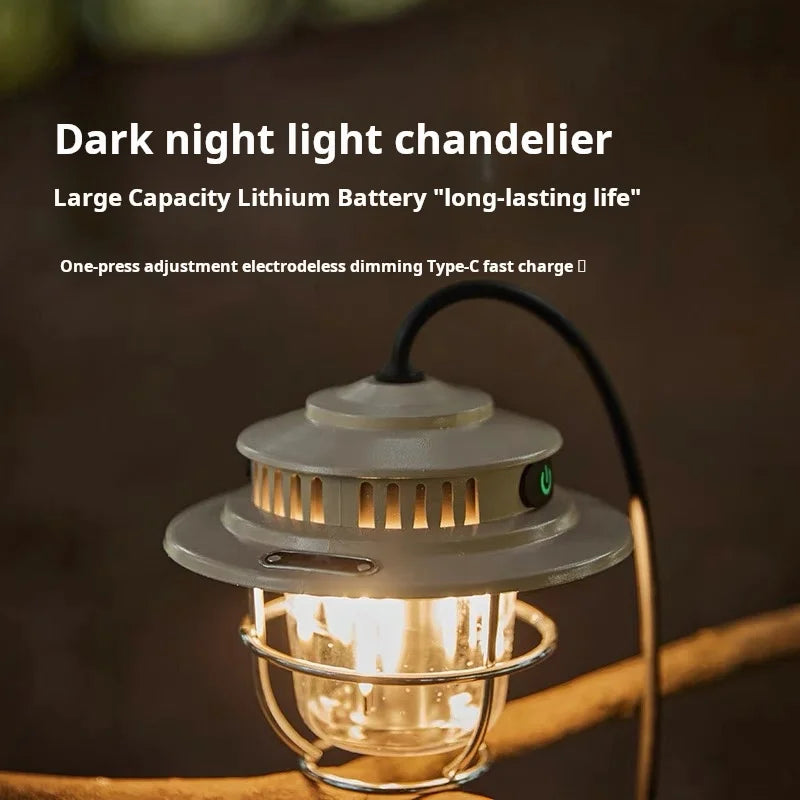 LED Camping Lamp Retro Hanging Lamp Portable Stepless Dimming Camping Light Waterproof Rechargeable Outdoor Light Lantern