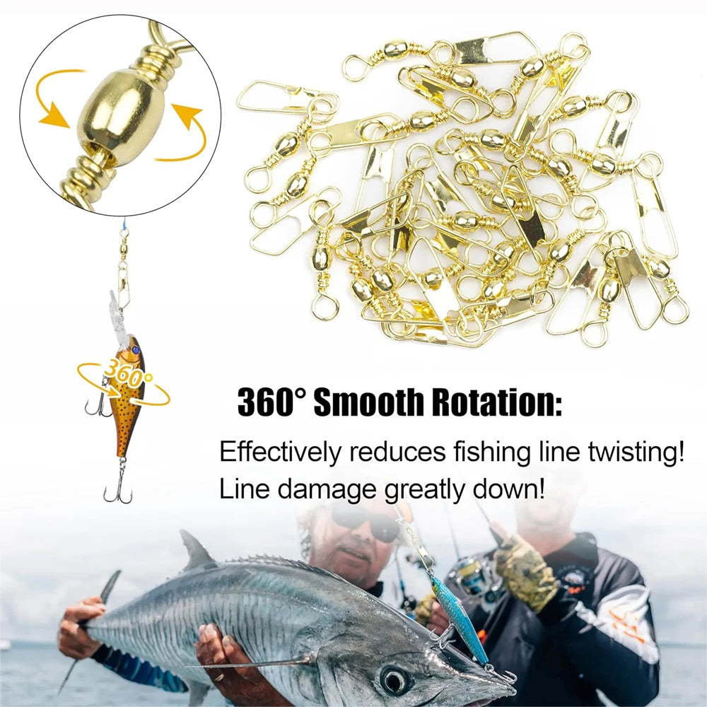 50Pcs Gold Fishing Barrel Swivel with Safety Copper Fishing Connector Snap Swivels High Strength lure Fishing Accessories Tackle