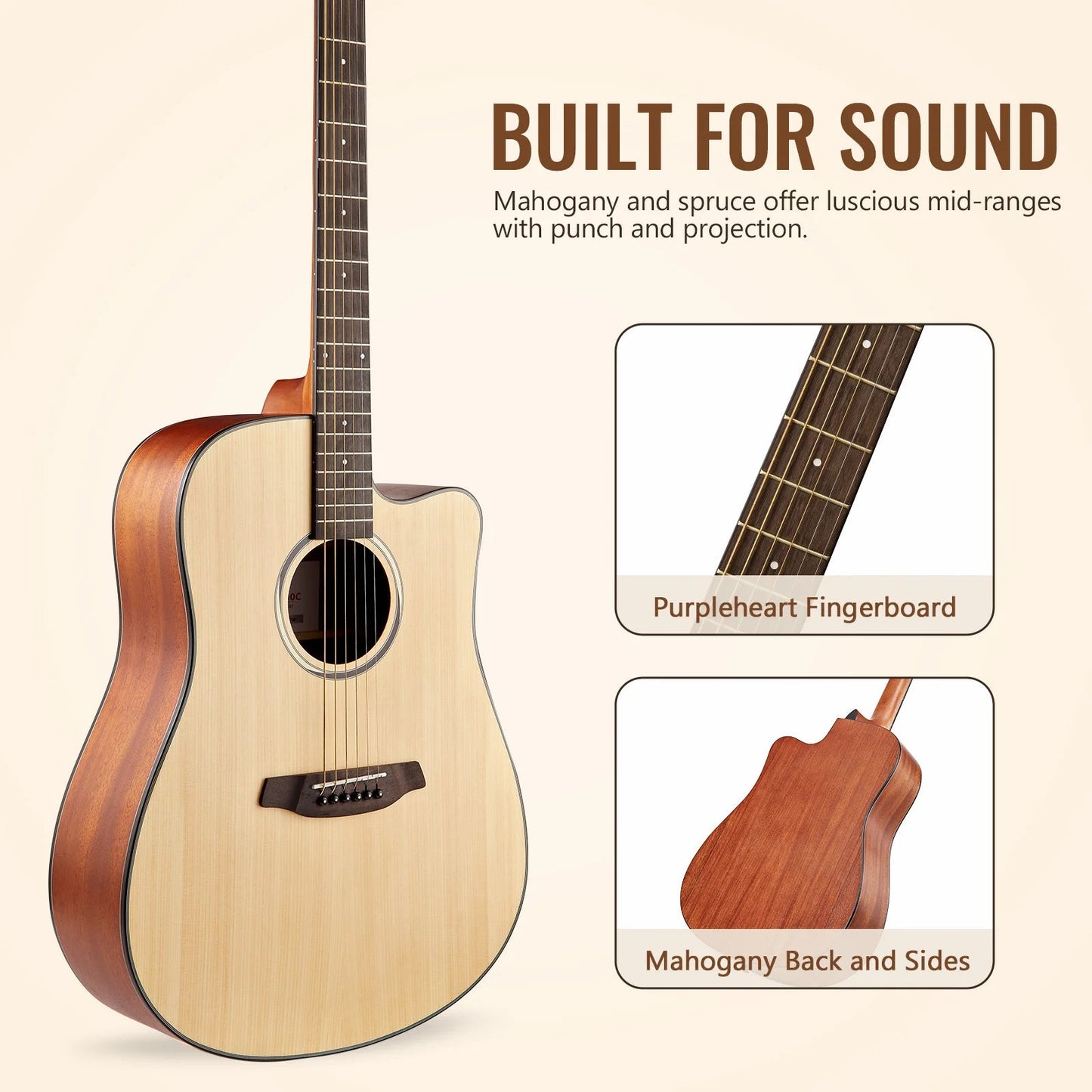 41" Acoustic Guitar Full Size Steel Acustica Guitarra with Gig Bag, Tuner, Strap, Strings, Picks, Capos, Cutaway, Right Hand Wild Frontier Gear LLC