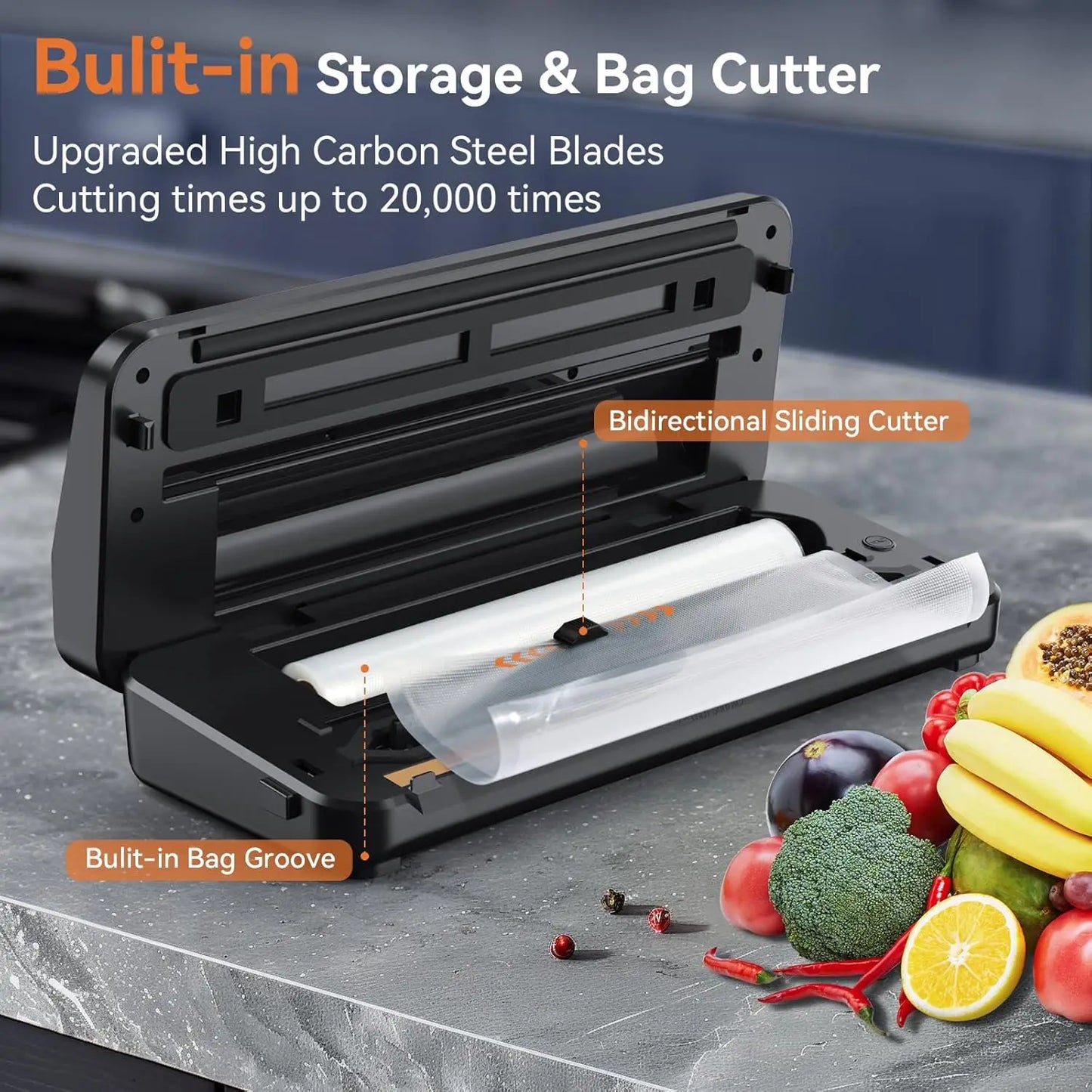 Vacuum Sealer Machine, Food Sealer Machine 80KPA Fully Automatic 8-IN-1 Food Saver for Dry/Moist Mode with Build-in Cutter&Stora