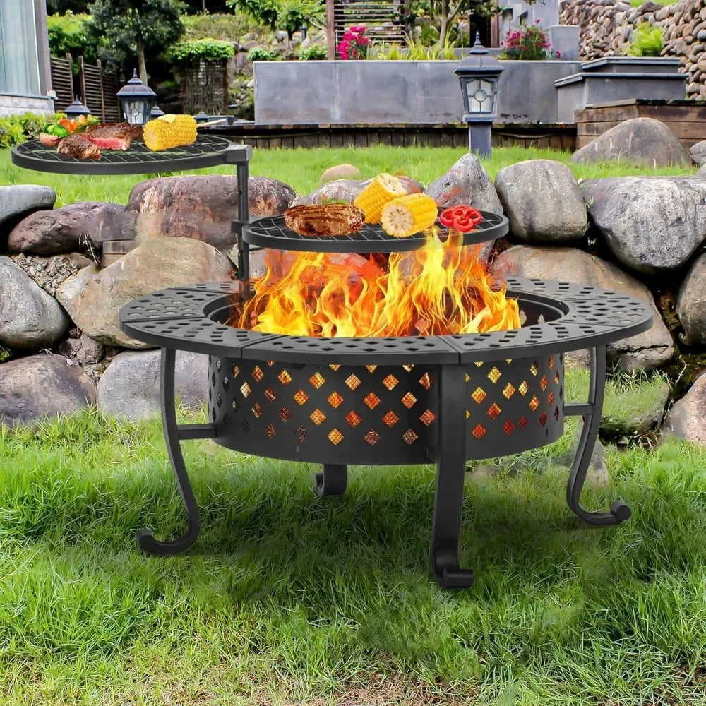 42 Inch Fire Pit with 2 BBQ Grills, Wood Burning Fire Pits for Outside with Lid & Fire Poker, BBQ& Outdoor Firepit & Round Metal Wild Frontier Gear LLC