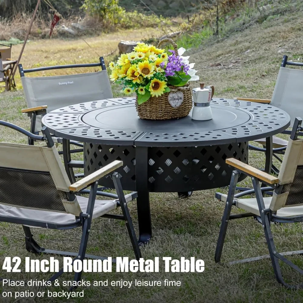 42 Inch Fire Pit with 2 BBQ Grills, Wood Burning Fire Pits for Outside with Lid & Fire Poker, BBQ& Outdoor Firepit & Round Metal Wild Frontier Gear LLC
