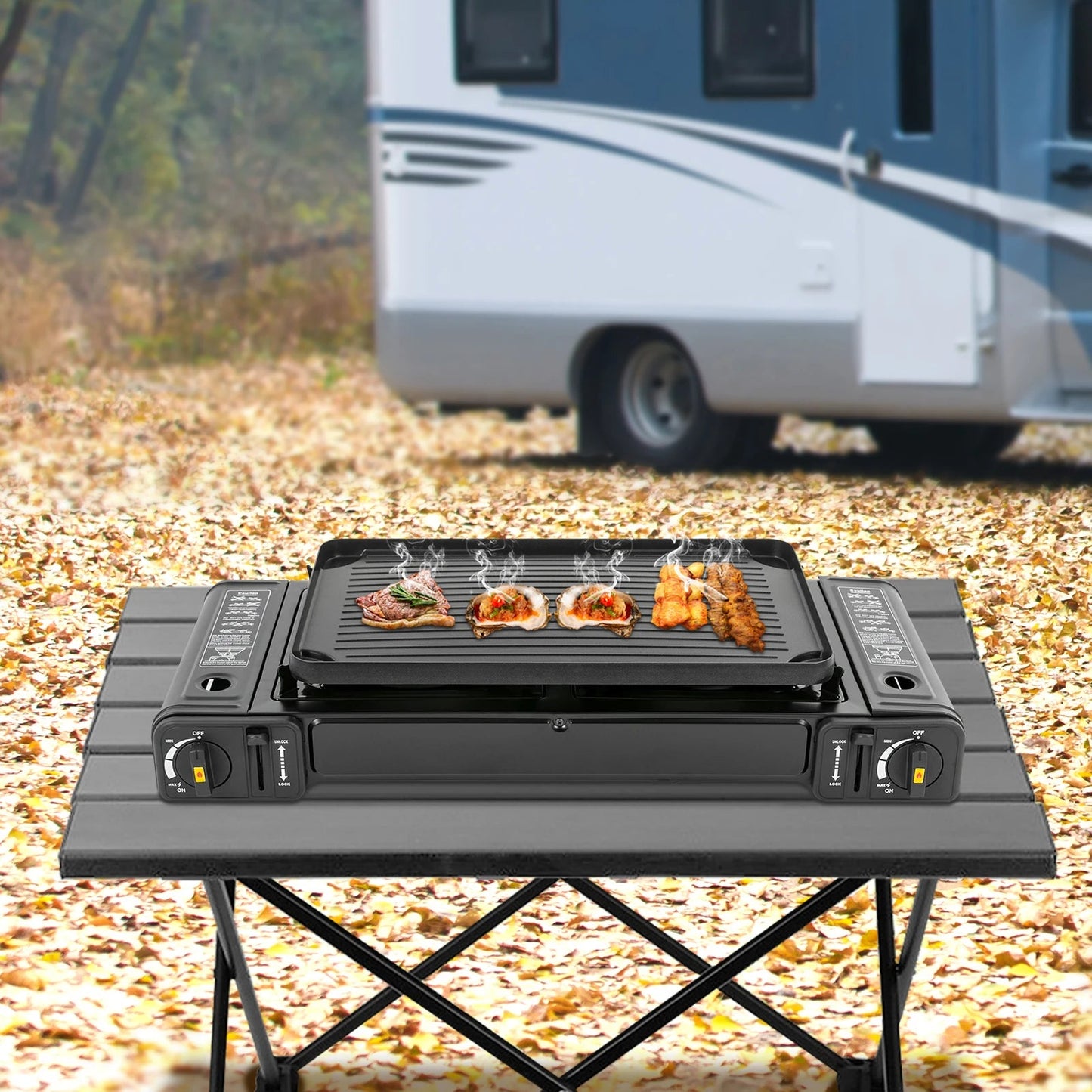 Double Burner Butane Stove Camping Stove Kit with Grill Plate and Carrying Case Portable Auto Ignition Camping Burner LPG Wild Frontier Gear LLC