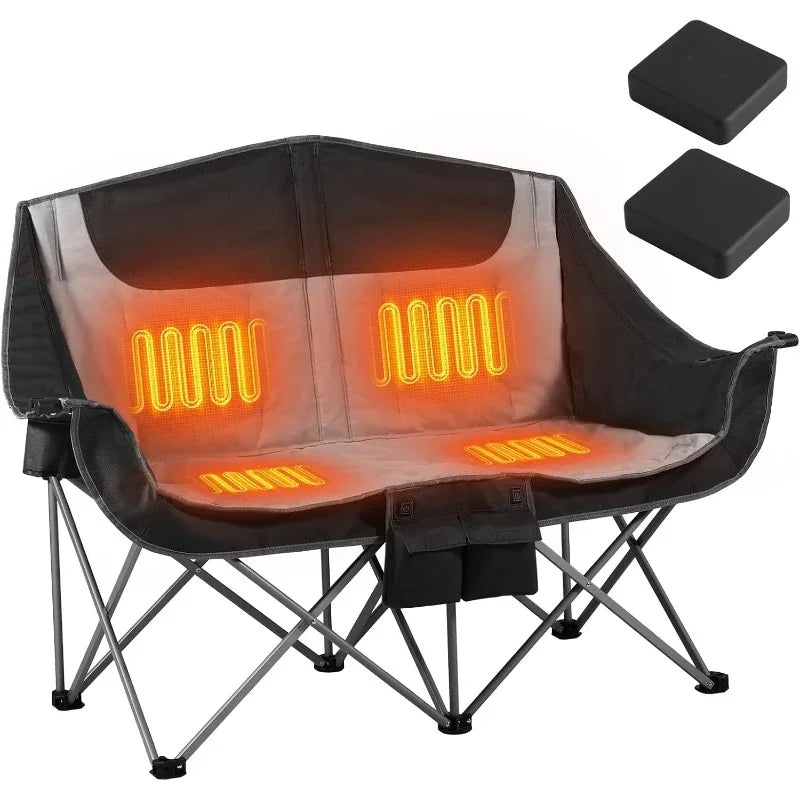 Heated Double Camping Chair, 2-Person Folding Camp Chair with 12V 16000mAh Battery Pack, Heated Portable Loveseat Chair - Wild Frontier Gear LLC