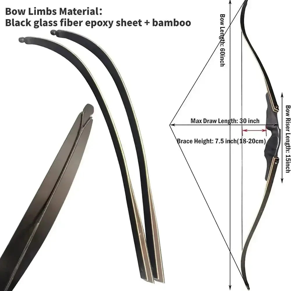 60" Right-Handed Black Hunter Recurve Bow 25-60lbs with Bamboo Core Limbs and Wooden Riser for American Hunting and Training - Wild Frontier Gear LLC