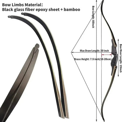 60" Right-Handed Black Hunter Recurve Bow 25-60lbs with Bamboo Core Limbs and Wooden Riser for American Hunting and Training - Wild Frontier Gear LLC