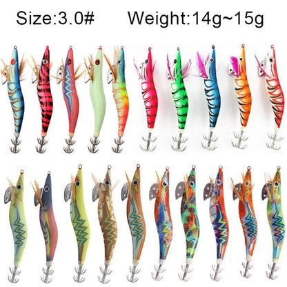 20-Pack Luminous Squid and Shrimp Jigs with 3D Eyes - Wood Lures for Jigging Cuttlefish and Octopus Fishing - Wild Frontier Gear LLC