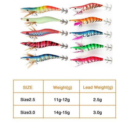 20-Pack Luminous Squid and Shrimp Jigs with 3D Eyes - Wood Lures for Jigging Cuttlefish and Octopus Fishing - Wild Frontier Gear LLC