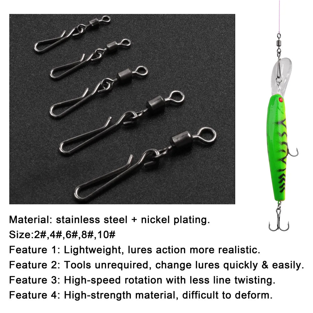 30Pcs swivels and snap for fishing hook swivels connector with Hanging Snap Stainless Steel Fast Clip Fishing Tackle Accessories
