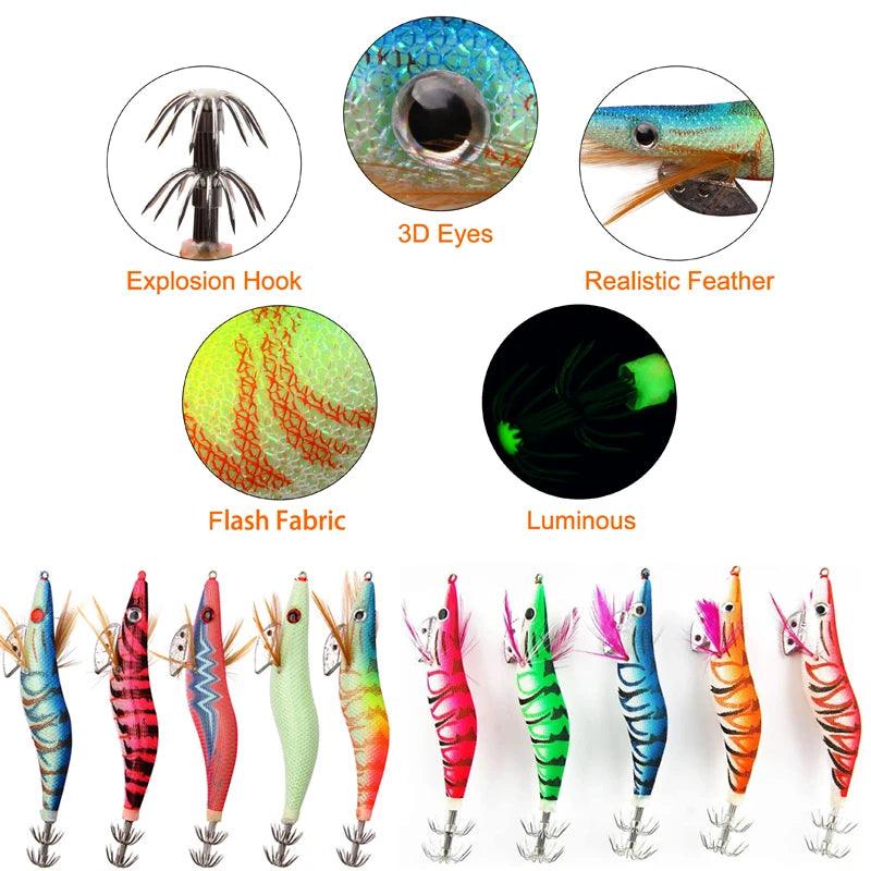 20-Pack Luminous Squid and Shrimp Jigs with 3D Eyes - Wood Lures for Jigging Cuttlefish and Octopus Fishing - Wild Frontier Gear LLC