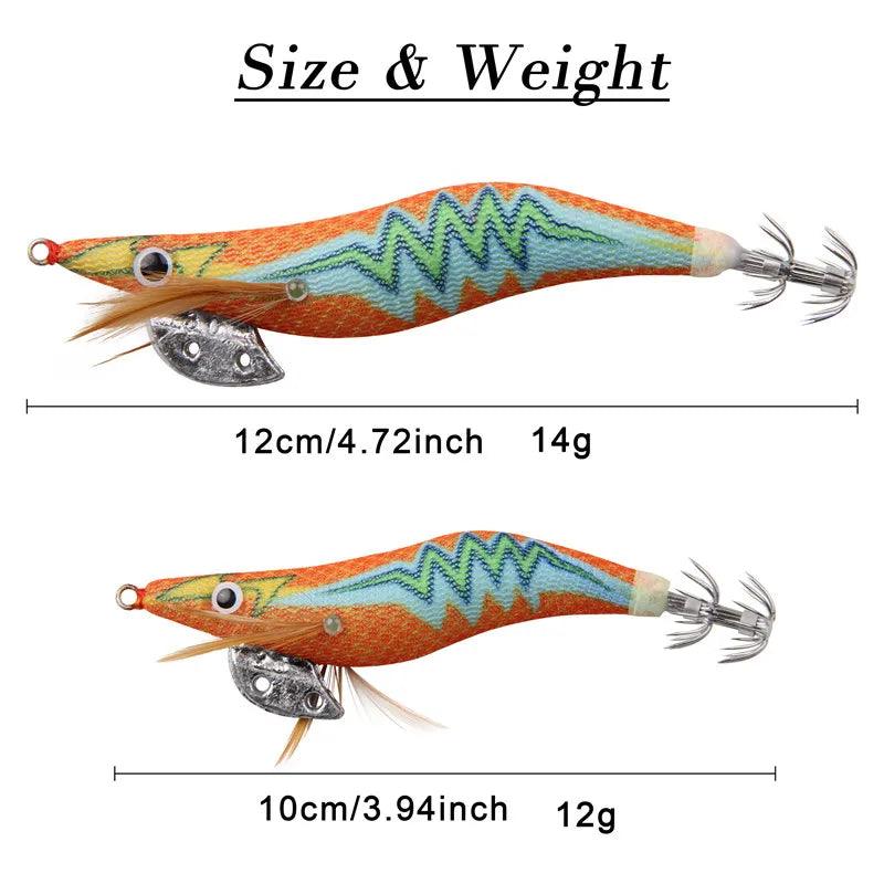 20-Pack Luminous Squid and Shrimp Jigs with 3D Eyes - Wood Lures for Jigging Cuttlefish and Octopus Fishing - Wild Frontier Gear LLC