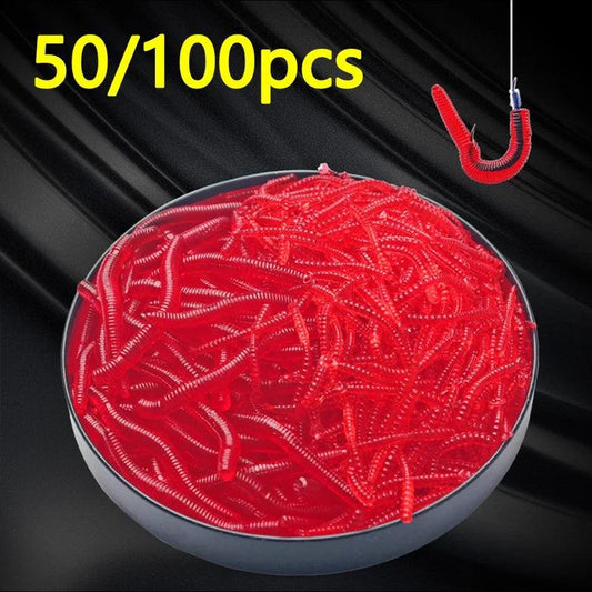 Lifelike Red Worm Soft Lure Bait - 35mm Fishing Silicone with Shrimp Scent, Available in 50/100 Pack for Bass and Carp - Wild Frontier Gear LLC