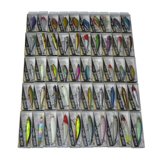 Assorted 50pcs Hard Bait Fishing Lures with Dual Hooks - 6.5cm to 11cm Sizes and Vibrant Colors - Wild Frontier Gear LLC