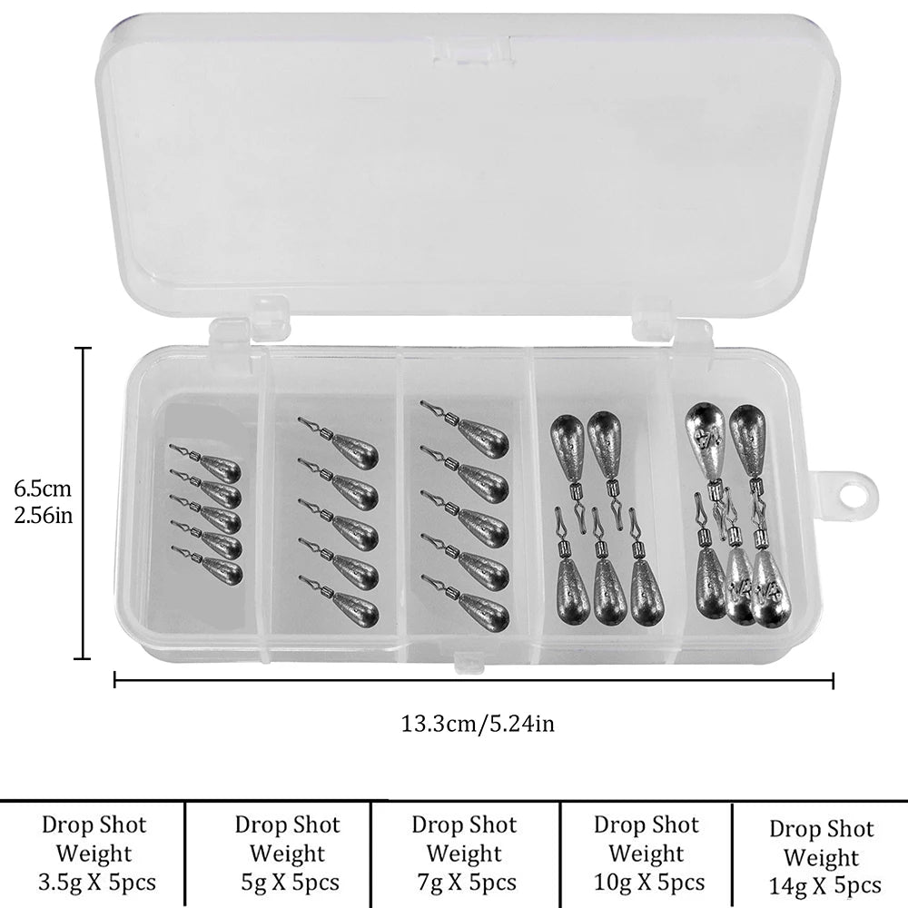 25Pcs/Box Bar/Tear Drop Shot Fishing Sinker 3.5g 5g 7g 10g 14g Bullet Weight Carp Bass Fishing Accessories Pesca Tackle
