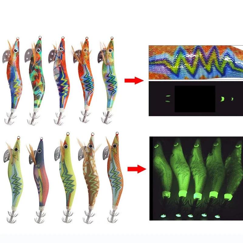 20-Pack Luminous Squid and Shrimp Jigs with 3D Eyes - Wood Lures for Jigging Cuttlefish and Octopus Fishing - Wild Frontier Gear LLC