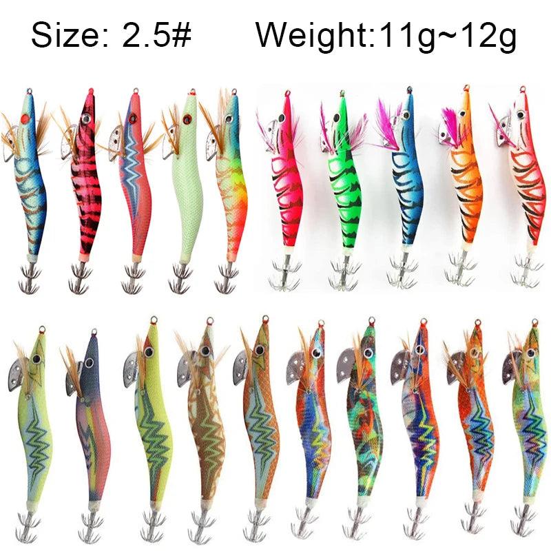 20-Pack Luminous Squid and Shrimp Jigs with 3D Eyes - Wood Lures for Jigging Cuttlefish and Octopus Fishing - Wild Frontier Gear LLC