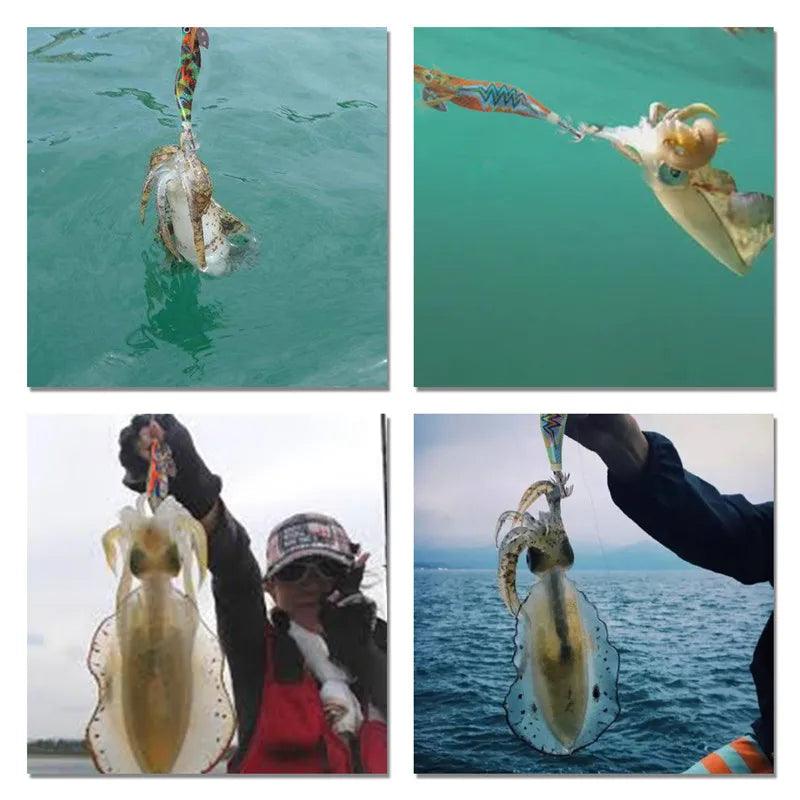 20-Pack Luminous Squid and Shrimp Jigs with 3D Eyes - Wood Lures for Jigging Cuttlefish and Octopus Fishing - Wild Frontier Gear LLC