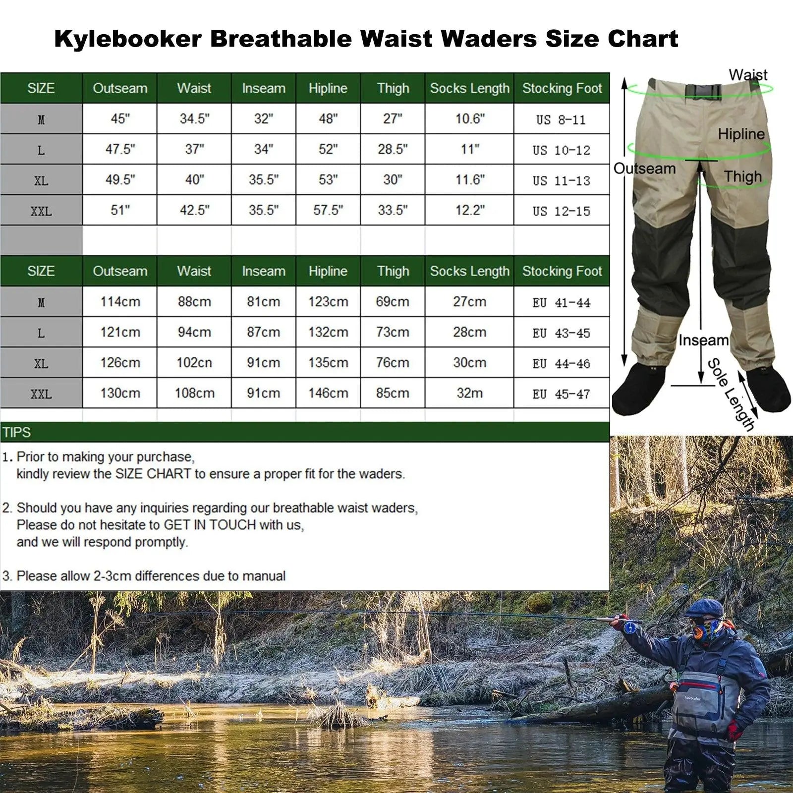 Men's Breathable Waterproof Fly Fishing Waist Waders with Reinforced Knees and Internal Pocket - Wild Frontier Gear LLC