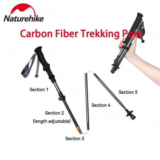 Naturehike 5-Section Trekking Pole Carbon Fiber Aluminum Alloy Folding Teleskopic Ultralight Walking Stick Hiking Climbing Stick - Wild Frontier Gear LLC