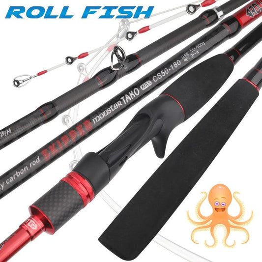ROLLFISH Solid Tip Octopus Squid Cuttle Carbon Fiber Casting Fishing Rod Saltwater Boat Light Jigging Rod Action 9:1 WT144g 1.8M - Wild Frontier Gear LLC