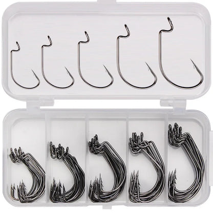50pcs Wide Worm Hook Carbon Steel Offset Fishhook Bass Barbed Carp Fishing Hook Fishing Accessories Fishing Gear Fishing Tackle