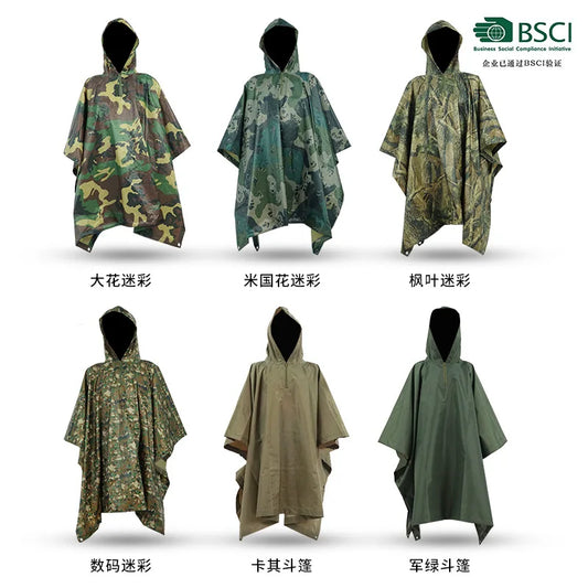 Polyester Twill Camouflage Raincoat, 3 in 1, Floor Mat, Outdoor, Hiking, Camping, Cape Style, 210T
