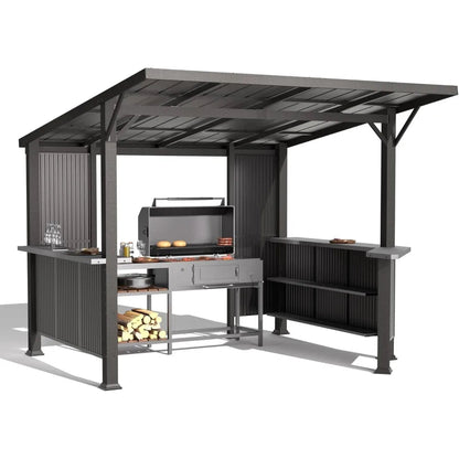 10x10 FT hardtop barbecue pavilion with iron sloping roof, side frame and extended countertop, durable barbecue shed Wild Frontier Gear LLC