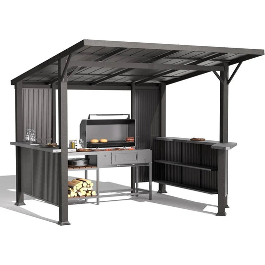 10x10 FT hardtop barbecue pavilion with iron sloping roof, side frame and extended countertop, durable barbecue shed Wild Frontier Gear LLC