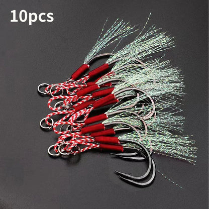 10PCS/Lot Carbon Steel Cast Jig Assist Fishing Hooks Thread Feather Lure Fishing Tackle Slow Jigging Head Hook Lure Accessories