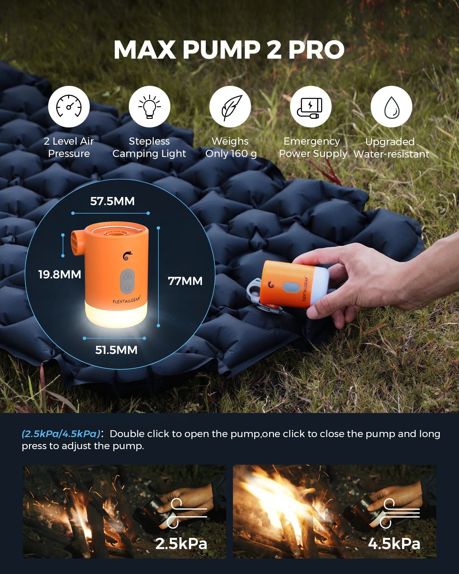 FLEXTAILGEAR MAX PUMP 2 PRO - Portable Air Pump Electric Inflator with Camping Light and Emergency Power Supply for Outdoors Wild Frontier Gear LLC