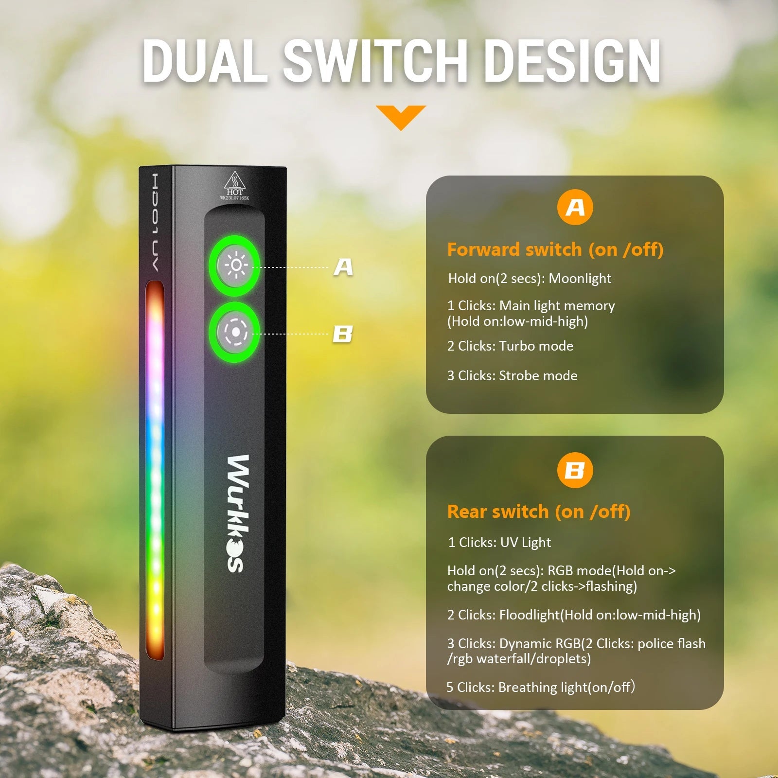 Wurkkos HD01 UV Multifunctional EDC Flashlight 1200 LM with 365nm UV light White flood 90CRI LED Side RGB Lights IP65 Waterproof Wild Frontier Gear LLC