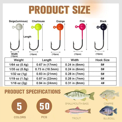 50PCS Fishing Hooks Set 0.4/0.8/1/1.5/2g Sharp Durable Barbed Jig Head Hook Fishihooks Fishing Equipment Gear Tackle Accessories
