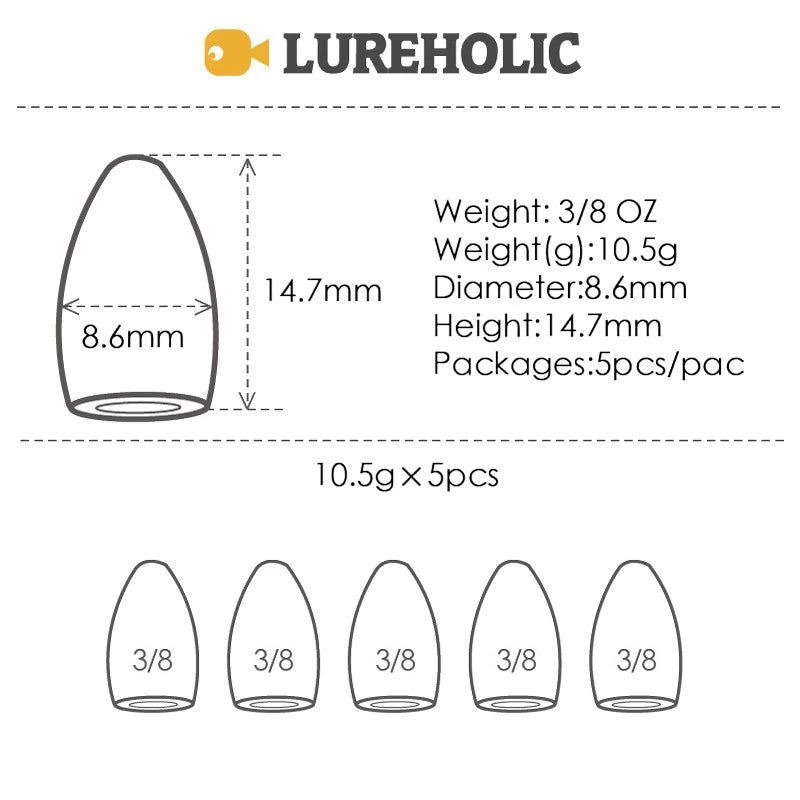 Lureholic Texas  Tungsten Sinkers Flipping Worm 1/16-2 OZ Bullet Weights Columnar 3.5-56g Bass Fishing Lures Accessories Wild Frontier Gear LLC