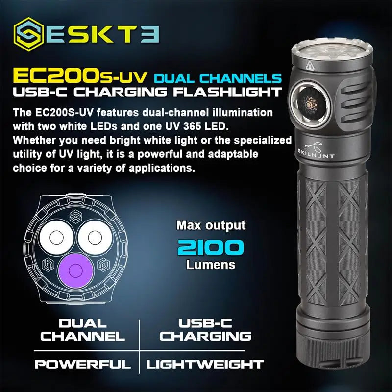 Skilhunt ESKTE EC200S-UV 2100 lumens White and UV 365nm beam USB-C Rechargeable Powerful EDC flashligh Wild Frontier Gear LLC