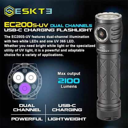 Skilhunt ESKTE EC200S-UV 2100 lumens White and UV 365nm beam USB-C Rechargeable Powerful EDC flashligh Wild Frontier Gear LLC