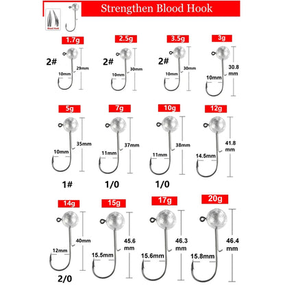 10pcs/lot NED head jigs hook 1g-20g All size Round Ball Jig Head Hook Weedless Long Shank Secondary hooks For Soft Worm Fishing