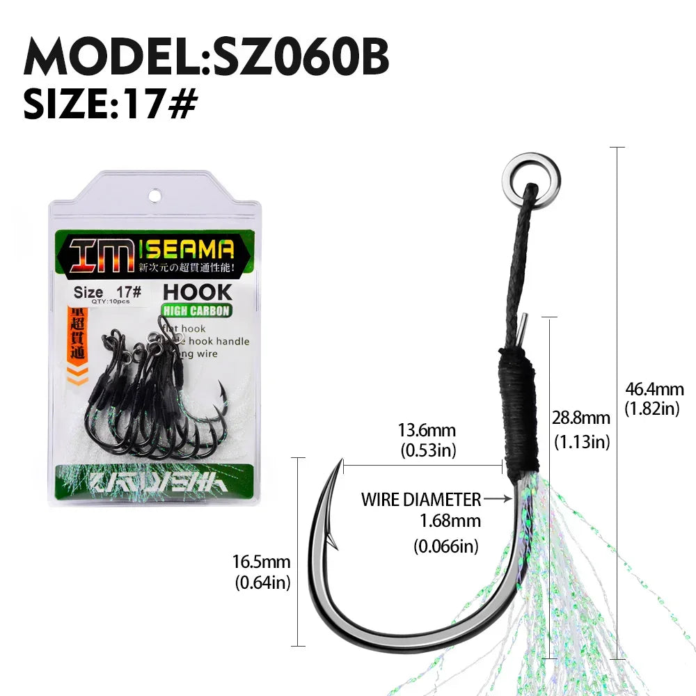 PROBEROS10Pcs Metal Jig Tail Assist Hooks 11-19# With PE Line Feather Solid Ring Jigging Fishhook for 5-80g Lure Fishing Hooks