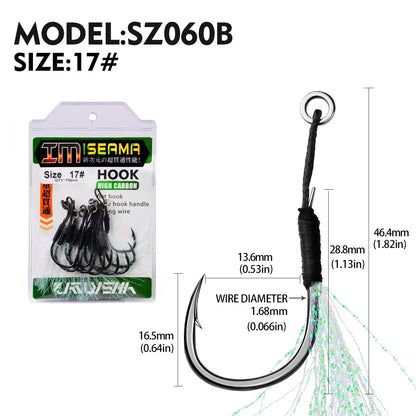 PROBEROS10Pcs Metal Jig Tail Assist Hooks 11-19# With PE Line Feather Solid Ring Jigging Fishhook for 5-80g Lure Fishing Hooks