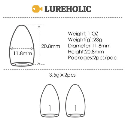 Lureholic Texas  Tungsten Sinkers Flipping Worm 1/16-2 OZ Bullet Weights Columnar 3.5-56g Bass Fishing Lures Accessories Wild Frontier Gear LLC