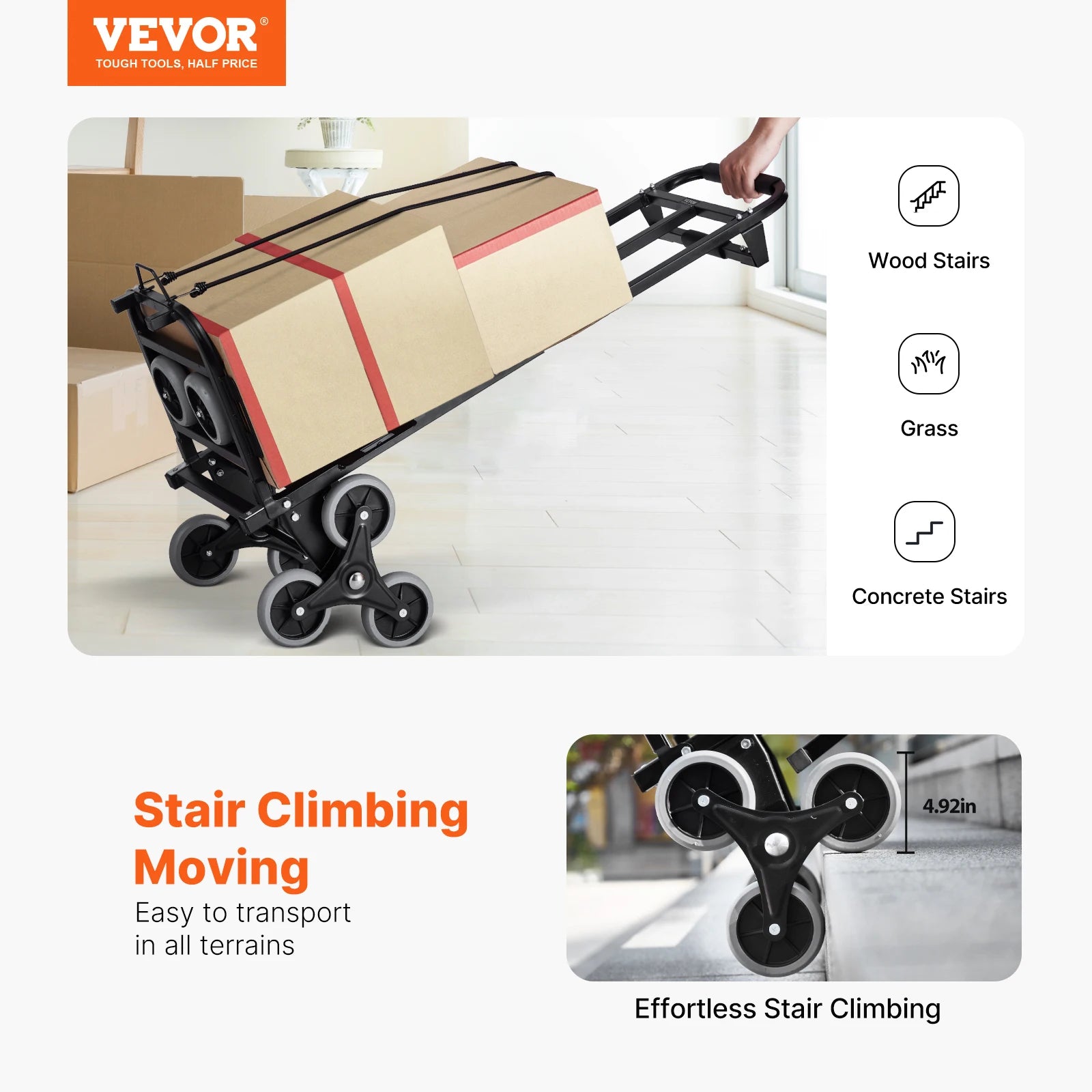 VEVOR 460 lbs Stair Climbing Cart Folding Hand Truck Dolly with Handle 6 Wheels & 2 Elastic Ropes for Shopping Moving Warehouse Wild Frontier Gear LLC