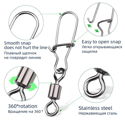 DNDYUJU 10 To 50X Fishing Swivel Snap Pin Bearing Rolling Swivel Stainless Steel Snap Fishing Connector Fishhook Lure Tools
