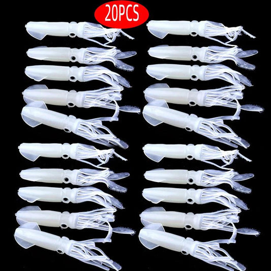 20PCS Glow-in-the-Dark Soft Squid Lures with Oiled Octopus Skirts - Customizable Fishing Kit for Freshwater and Saltwater - Wild Frontier Gear LLC