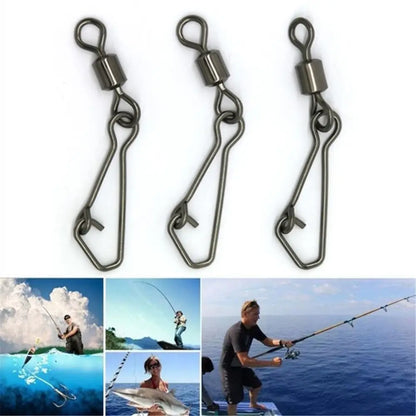 50pcs/lot Stainless Steel Fishing Bearing MS+QL Swivels Interlock Rolling Swivel with Hooked Snap Fishing Hook Connector Tackle