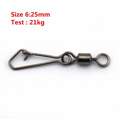 50pcs/lot Stainless Steel Fishing Bearing MS+QL Swivels Interlock Rolling Swivel with Hooked Snap Fishing Hook Connector Tackle
