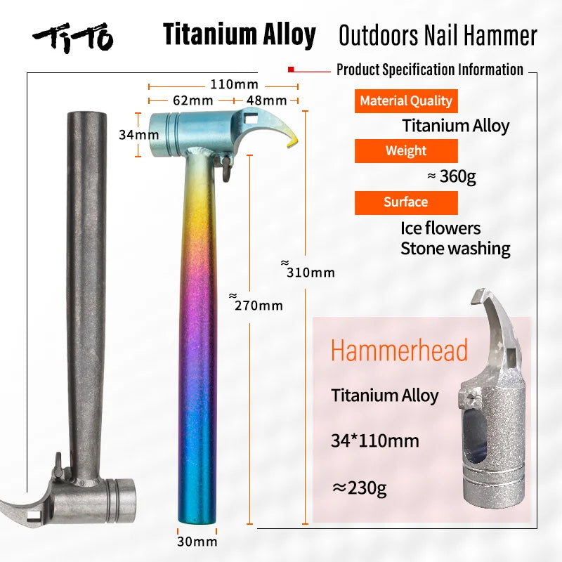 TiTo Camping Tool Hammer Rainbow Color Titanium Alloy Outdoor Tent Pegs Stake Mallet with Stake Puller Mountaineering Hiking Wild Frontier Gear LLC