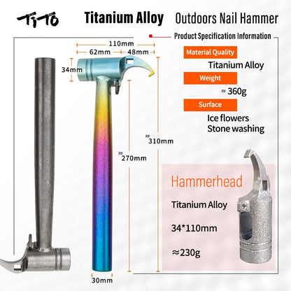TiTo Camping Tool Hammer Rainbow Color Titanium Alloy Outdoor Tent Pegs Stake Mallet with Stake Puller Mountaineering Hiking Wild Frontier Gear LLC