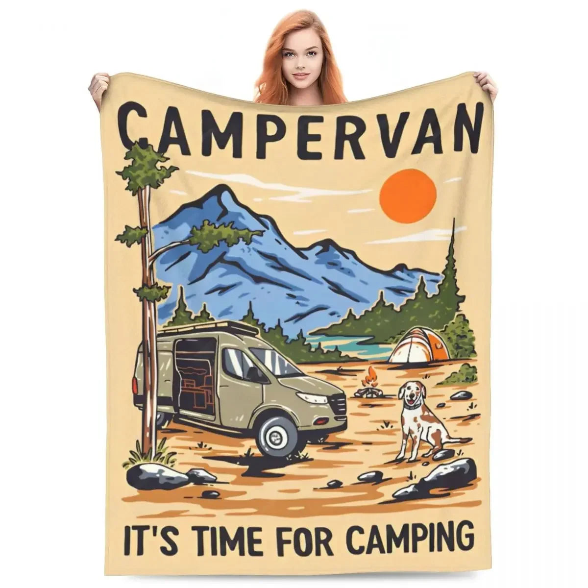 CamperVan Knitted Blanket Fleece Summer Happy Camper Lightweight Throw Blankets for Car Sofa Couch Bedroom Quilt Wild Frontier Gear LLC
