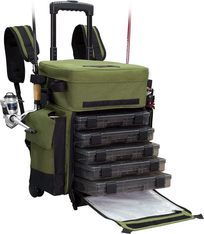 Outdoors Rolling Tackle Box with Wheels - Waterproof Fishing Backpack, 5 Removable Trays, 4 Rod Holders, Gifts for Men, F